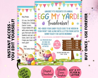 Può includere: Un volantino rosa e blu con un coniglio dei cartoni animati che tiene un uovo di Pasqua. Il volantino pubblicizza una raccolta fondi "Egg My Yard!" con un'opzione di preordine per uova ripiene di caramelle da nascondere nel tuo giardino. Il volantino include il testo "Amhurst PTO Presents 5th Annual Egg My Yard! Fundraiser!" e "Buy Once - Use Forever."