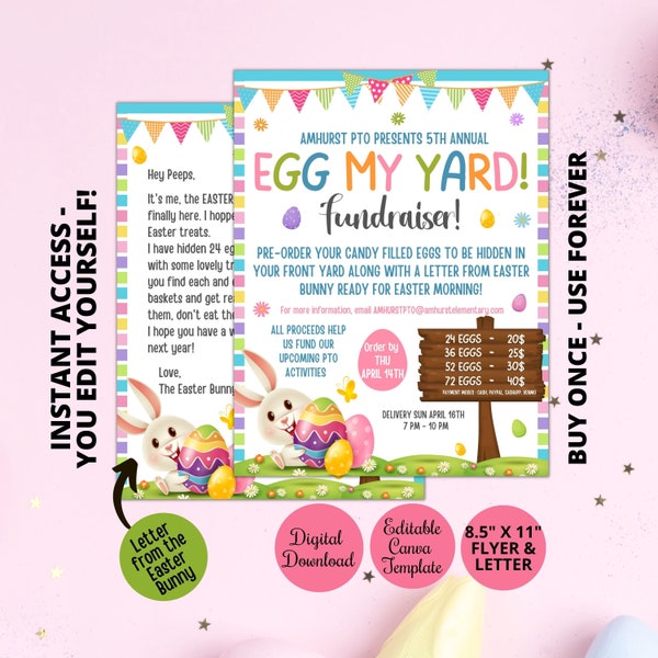 Egg My Yard Fundraiser printable,Egg My Yard Service Marketing Flyer for PTO,Church Community fundraiser,Easter Bunny Letter, Canva Template