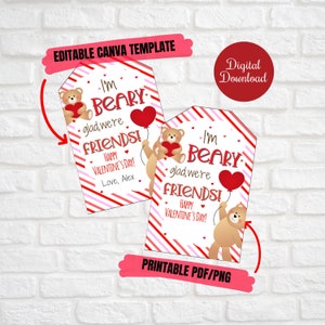 Valentinstag Teddybär Geschenkanhänger, Gummibärchen Süßigkeiten Tags, ich bin beary froh, dass wir Freunde sind, bearbeitbar, Valentinstag Geschenkanhänger für Klasse, druckbare Valentinskarte