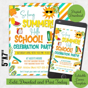 EDITABLE End of Summer Pool Party invite evite ,Back to School Party Invitation Digital, Backyard Summer Party BBQ canva template