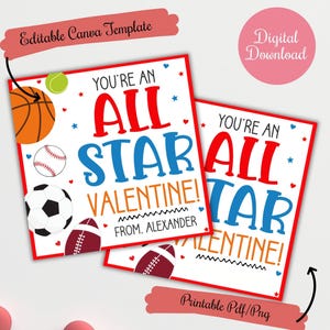 Peut inclure: Deux cartes de Saint-Valentin imprimables sur le thème du sport. Les cartes sont rouge, blanche et bleue avec le texte "You're an All Star Valentine!" et divers équipements sportifs, dont un ballon de basket, une balle de baseball, un ballon de football et un ballon de football.