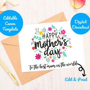 Gelukkige moederdagkaart met bloemmotief, bewerkbaar in canva-sjabloon, 5X7 moher's dagkaart ideaal voor moeder, nan, nana, oma