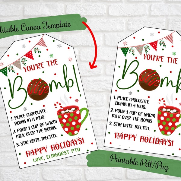 You're the bomb Christmas Hot cocoa bomb gift tags , hot chocolate bomb gift tags, , PTO, Class,School kids gift tags, Printable Editable