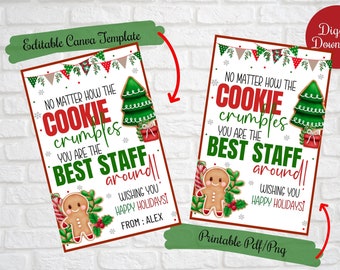 Staff Cookie Christmas Gift Tags, Teacher Employee Christmas Cookie Tags, No matter how the cookie crumbles tags, best staff, Editable