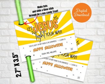 Deja que Jesús ilumine tu camino, etiquetas de regalo de noche de Halloween con barras luminosas, escuela dominical, iglesia, recuerdo de fiesta, etiquetas de Canva editables, etiquetas de regalo religiosas