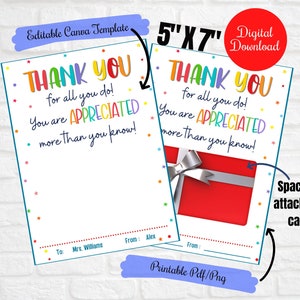 Porte-cartes cadeau de remerciement pour les enseignants, Professionnel de l'administration, Semaine de reconnaissance des employés, merci pour tout ce que vous faites, Modèle modifiable pour prise de force de l'école