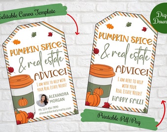 Realtor Fall gift tags,Pumpkin Spice and Real Estate Advice pop by tags,digital download printable,Business marketing for Real Estate