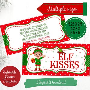 Elf Kisses treat bag toppers,Editable Christmas Elf kisses fold over labels for class,school kids ,kisses treat bag topper,Digital Download
