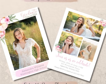 2026 Pink Floral Graduation Announcement Card Canva Template, Editable, Senior Announcement, Boho chic, Cottagecore invitation - GRC04