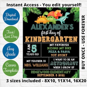 Editable Dinosaur First Day Of School Sign Printable, Editable Canva Template, Kindergarten First Day Last Day Sign, Digital Download.