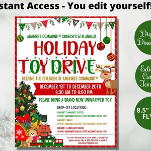 Editable Christmas Toy Drive Flyer Template,Printable Church, School PTO/PTA Community fundraiser,Charity Event, Holiday Toy Drive Flyer