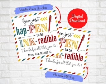 Könnte beinhalten: Zwei weiße, bedruckbare Karten mit farbigem Text und einer Stiftillustration. Die Karten lauten "You just happen to be ink-redible" und "Thanks for all that you do!" mit einer roten Stiftgrafik. Die Wörter "Editable Canva Template" und "Digital Download" sind ebenfalls sichtbar.