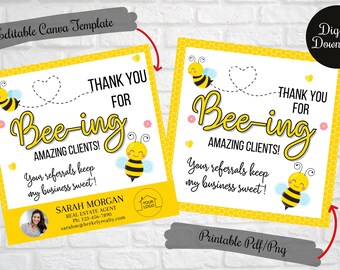 May include: A printable thank you card with a bee design. The card says "Thank you for bee-ing amazing clients! Your referrals keep my business sweet!" and includes a space for a photo and logo.