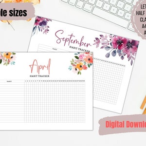 May include: Two habit tracker printables with floral accents. One is labeled "April" and the other "September." The image includes the text "Multiple sizes" and "Digital Download." The available sizes are Letter (8.5x11 inches), Half Letter (5.5x8.5 inches), Classic (7x9.25 inches), A4 (8.25x11.75 inches), and A5 (5.8x8.27 inches).
