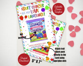 Gli snack alla frutta sono il mio linguaggio dell'amore, pacchetto di snack alla frutta per San Valentino per la scuola, l'asilo nido, caramelle alla frutta per San Valentino, tag modificabili stampabili