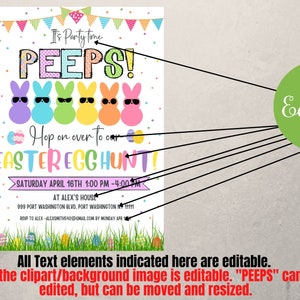 May include: Editable Easter Egg Hunt invitation with a colorful background and a row of cartoon Peeps wearing sunglasses. The text reads "It's Partytime PEEPS! Hop on over to our EASTER EGG HUNT! Saturday April 16th 1:00 PM - 4:00 PM AT ALEX'S HOUSE 999 PORT WASHINGTON BLVD, PORT WASHINGTON NY 11111 RSVP TO ALEX - ALEXSMITH420@GMAIL.COM BY MONDAY APR"