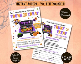 Trunk or Treat Flyer and Car registration form, Halloween Event Flyer, Church Community PTO Halloween Event Kids, Editable Canva template