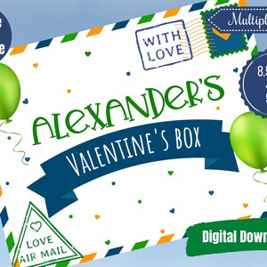 EDITABLE Blue Green Valentine Box Label Template, Personalized Valentine Shoe Box Label for boys and girls, Digital Download, Canva Template