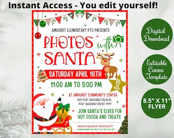 May include: A red and green flyer featuring an illustration of Santa Claus and a reindeer. The flyer advertises "Photos with Santa" on Saturday, 16th April from 11:00 AM to 3:00 PM at the Amhurst Community Centre. The flyer also mentions hot chocolate and treats. The flyer is 8.5 inches by 11 inches and is available for digital download and as an editable Canva template.