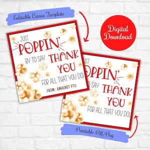 Just Poppin by to say Thank you gift tag,Popcorn appreciation gift tag, Teacher, Employee Appreciation week, National Popcorn day