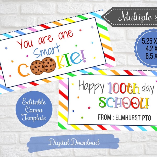 100th Day Cookie Treat Bag Toppers for students, You are one smart cookie, 100 days of school cookie treat bag, for class school, Printable