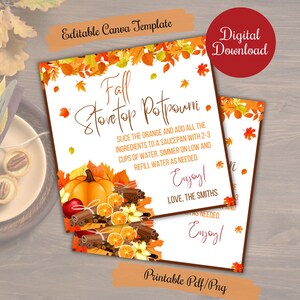 Fall Stovetop potpourri gift tag, Stovetop potpourri instructions gift tag for Teacher, Coworker,employee ,PTO, editable Template,