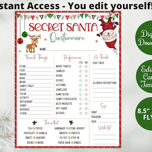 Plantilla editable del cuestionario Secret Santa para el trabajo/oficina/intercambio de regalos familiares, imprimibles de juegos de fiesta navideña, Work Secret Santa