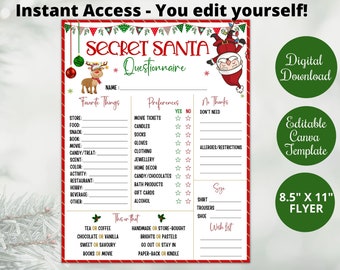 Editable Secret Santa Questionnaire template for work/office/family Gift Exchange,Christmas Holiday Party Games Printables,Work Secret Santa