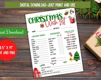 May include: A Christmas Wish List printable on an 8.5" x 11" PDF and PNG. The list includes sections for favorite things, preferences, and "this or that" choices. The design features green and red accents with Christmas-themed illustrations.