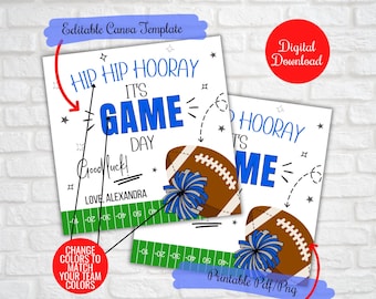 May include: Two white printable templates with the text "HIP HIP HOORAY IT'S GAME DAY" in blue. The templates feature footballs, pom-poms, and a football field design. The text "Goodluck! Love, Alexandra" is also included.