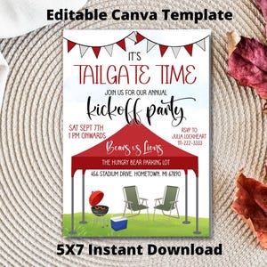 May include: A 5x7 inch invitation template for a tailgate kickoff party. The design features the text "It's Tailgate Time" and "Kickoff Party" in a festive font, with a red tent graphic and a barbecue grill.