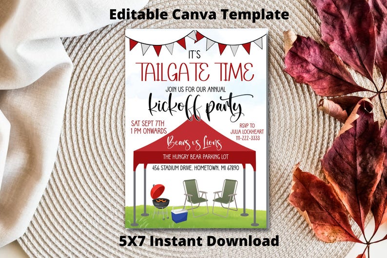 May include: A 5x7 inch invitation template for a tailgate kickoff party. The design features the text "It's Tailgate Time" and "Kickoff Party" in a festive font, with a red tent graphic and a barbecue grill.