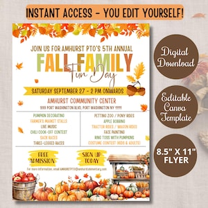 Könnte beinhalten: Ein Flyer für den 5. jährlichen Fall Family Fun Day der Amherst PTO mit Herbstblättern und Kürbissen. Der Flyer enthält Veranstaltungsdetails wie Kürbisdekorieren und einen Chili-Kochwettbewerb. Die Vorlage ist eine editierbare Canva-Vorlage.