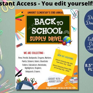 Back To School Supply Drive Flyer voor PTO, PTA, bewerkbare, afdrukbare schoolbenodigdheden drive fundraiser Flyer Poster, bewerkbare Canva-sjabloon