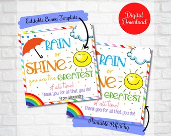 Op de afbeelding: Printbare digitale download van een kaart om een ​​leraar te bedanken. De kaart heeft een kleurrijke regenboog, een zon en een paraplu met de tekst "Regen of zonneschijn, je bent de grootste aller tijden! Bedankt voor alles wat je doet!"