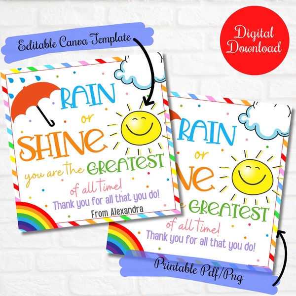 Rain or shine you are the greatest of all time gift tag, Teacher End of year gift tag, Umbrella gift tag, Teacher, Coworker,Admin,PTO