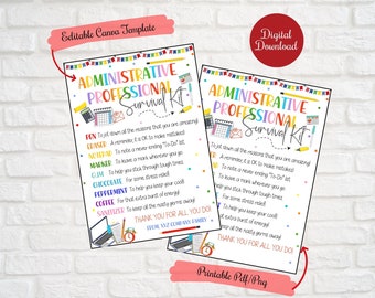 May include: A printable poster with a colorful design and the text "Administrative Professional Survival Kit". The poster lists items like a pen, eraser, notepad, marker, gum, chocolate, peppermint, coffee, and sanitizer, with a short description of each item's purpose.