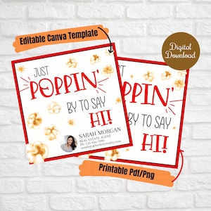 Poppin By para dizer oi tags de corretor de imóveis, corretor de imóveis Popcorn Pop By Tags, download instantâneo para impressão, tags de agradecimento para pequenas empresas, tags de saúde em casa