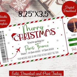 Editable Christmas Boarding Pass Printable Gift,Christmas Plane Ticket Gift, Surprise trip, vacation, holiday gift template, Printable Gift