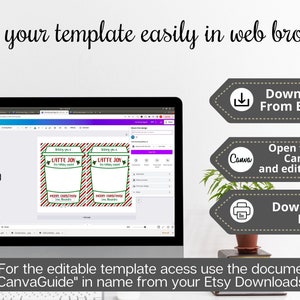 May include: A computer screen displaying a Canva design template for a Christmas gift tag. The tag features a red and green striped background with a coffee cup illustration and the text "LATTE JOY". The image also includes instructions on how to download and edit the template.