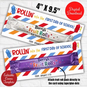 Tarjetas para el primer día de clases, etiquetas para el regreso a clases con rollos de frutas, etiquetas para rollos de frutas de jardín de infantes y primaria, descarga instantánea