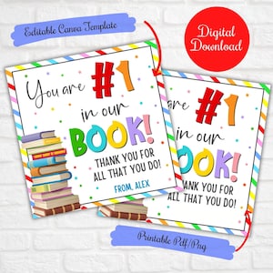 Du bist die Nr. 1 in unserem Buch. Vielen Dank für alles, was du tust. Geschenkanhänger für Lehreranerkennung, Woche der Wertschätzung für Bibliothekare, Geschenkanhänger für Bücher, Jahresende