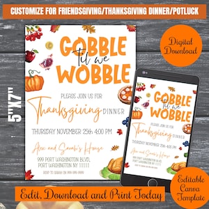 Gobble til we Wobble Thanksgiving-dinerfeestuitnodiging, bewerkbare digitale Thanksgiving-dineruitnodiging, vriendenbijeenkomst, uitnodigingssjabloon