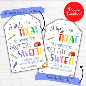 Een kleine traktatie om de eerste dag zoet te maken, bewerkbare Back To School-cadeautags voor snoepjes, koekjes, zoete lekkernijen, First Day of School-tags, PTO