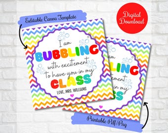First Day of School Bubbles Gift tags, I am bubbling with excitement to have you in my class, Back to school Class Bubble Wand Gift tags,
