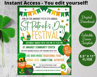 St. Patrick's day Festival Flyer Template, Printable Festival Market invite for PTO,Church Community fundraiser,Holiday Editable