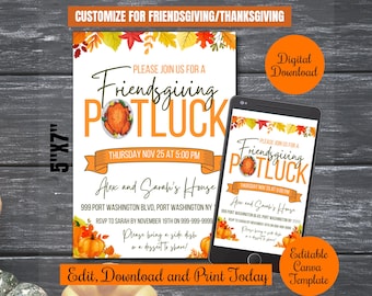 Friendsgiving Potluck Party Invite Printable, Thanksgiving Dinner Party Invitation Digital, friendsgiving evite, mobile invite template