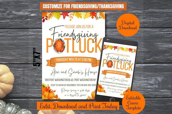 Friendsgiving Potluck Party Invite Printable, Thanksgiving Dinner Party Invitation Digital, friendsgiving evite, mobile invite template