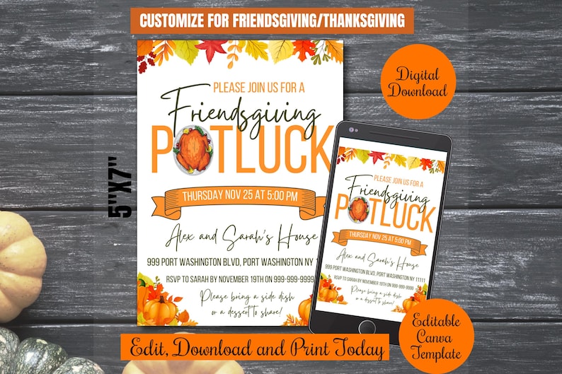 Friendsgiving Potluck Party Invite Printable, Thanksgiving Dinner Party Invitation Digital, friendsgiving evite, mobile invite template image 1