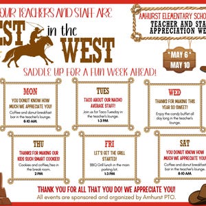 Peut inclure: Affiche sur le thème du Far West pour la Semaine de reconnaissance des enseignants et du personnel de l'école élémentaire Amhurst. Elle présente un cow-boy à cheval, une botte de cow-boy et un programme d'événements du 6 au 10 mai.